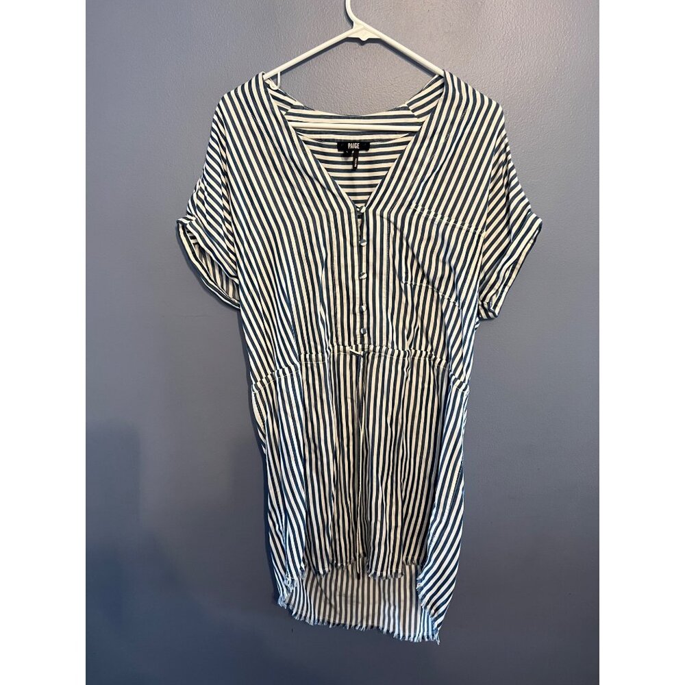 Paige Haidee Blue & White Striped Drawstring Wait Frayed Hem Women’s Dress Sz LG